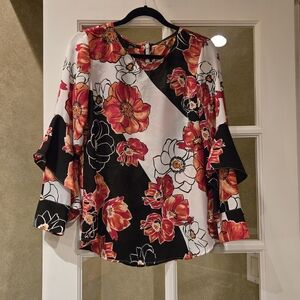 Alfani - Red Floral Ruffled Sleeve Blouse